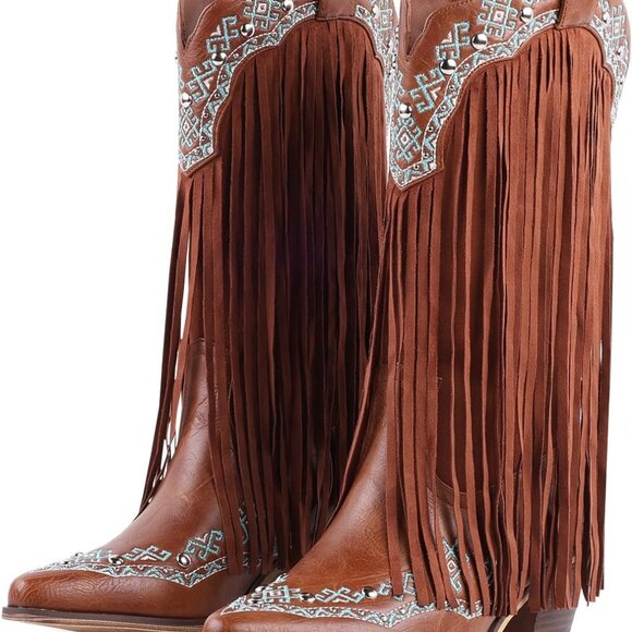 Women´s Western Cowboy Boots PU Size 8.5 Fringe Green Pattern Embellished,Specials : American Fashion Style Bags On Sale